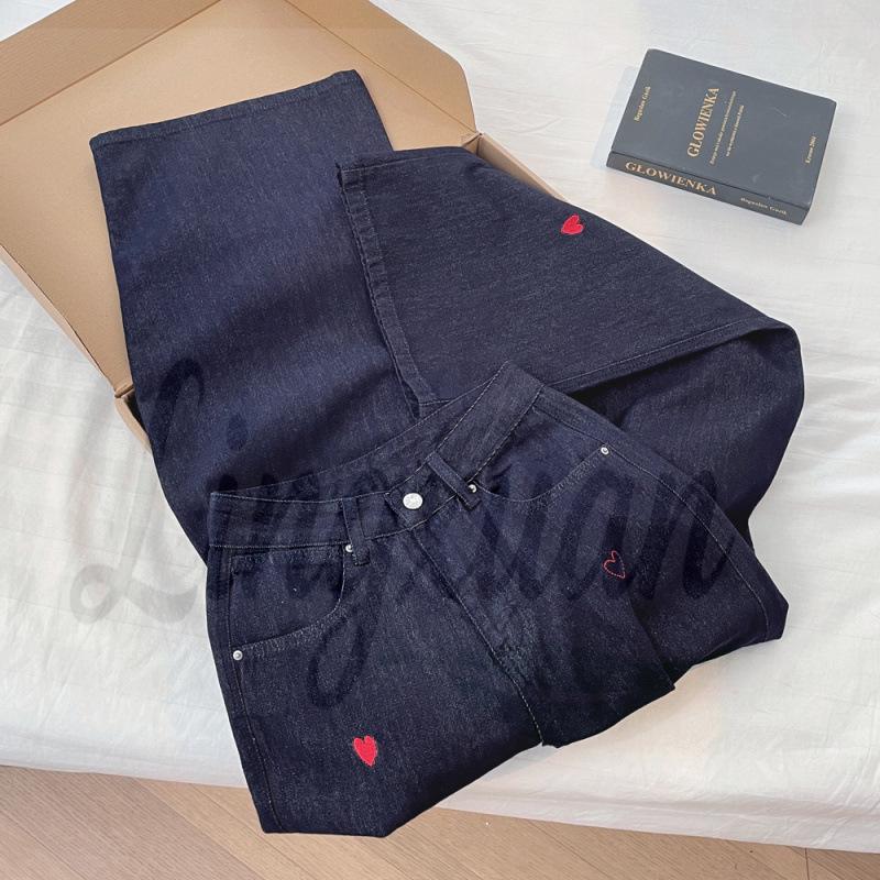 Retro Dark Blue Embroidered Heart High Waist Wide Leg Denim Pants for Women L