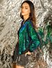Allegra K Women's Sequined Stadium Jacket, Long Sleeve, Zipper Detail, Short Length, Green, Size S