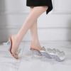 Rhinestone bow transparent cool slippers summer new square head fairy temperament crystal sandals wine glass and high heels