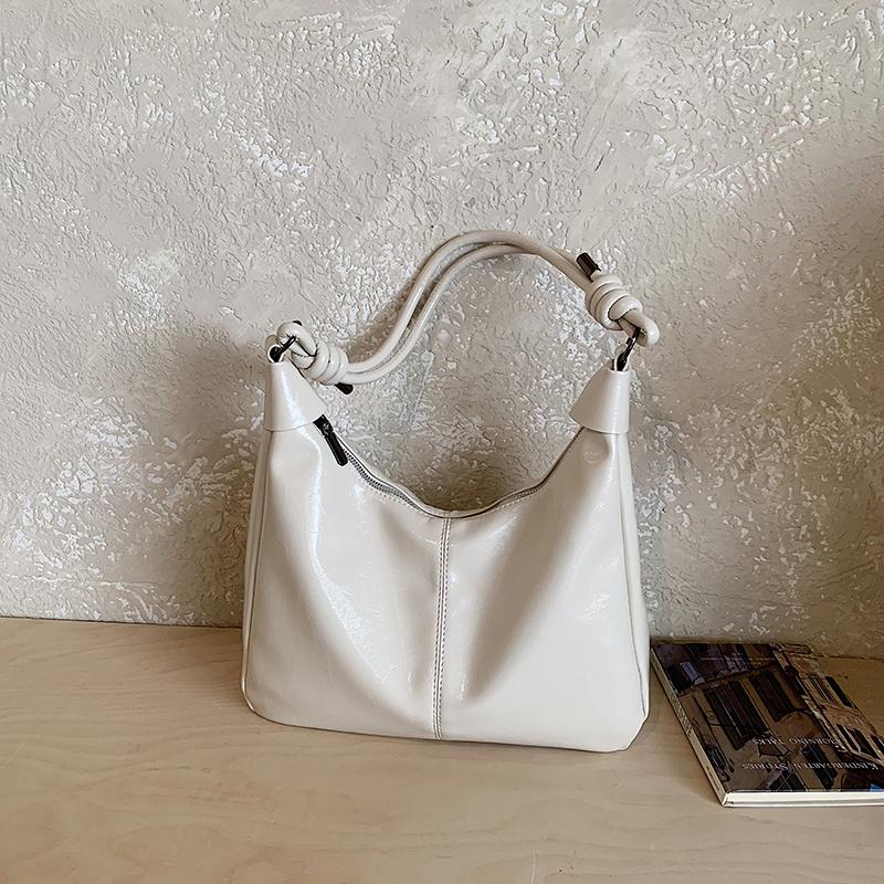Glossy Faux Leather Hobo Bag for Women with Knotted Handle Soft Shoulder Bag for Everyday Use Casual Outings