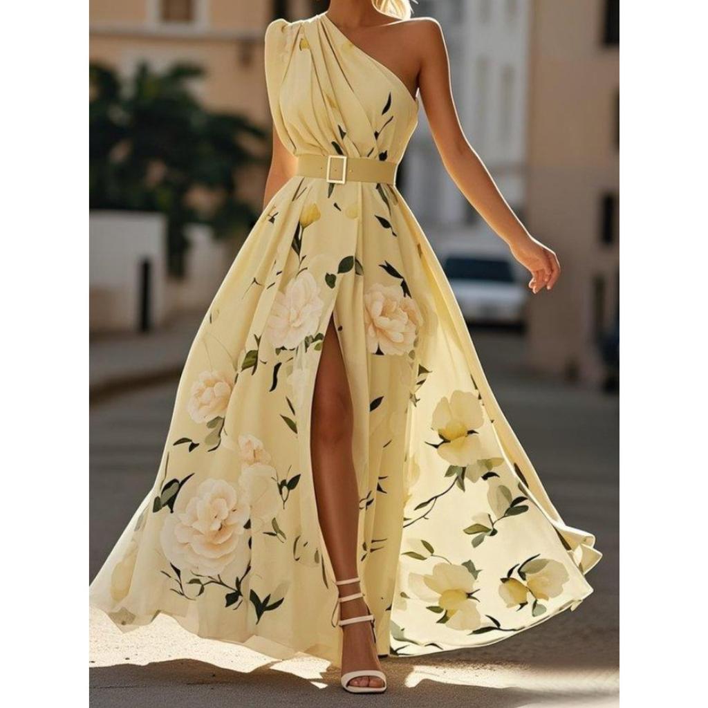 Women's One Shoulder Sleeveless Floral Print Maxi Dress Slim Fit High Waist Elegant Summer Party Dress With Belt