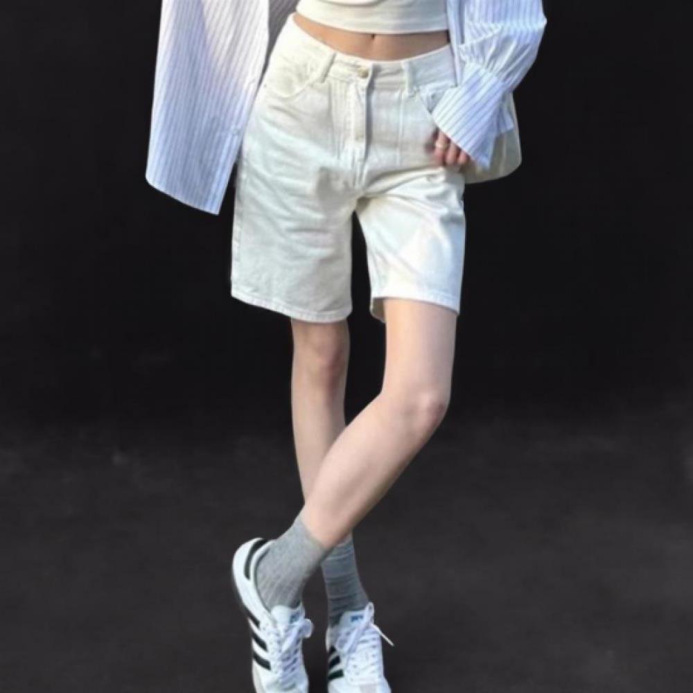 New Arrivals Open Run Women Ivory Classic Cotton Denim Shorts White Tone