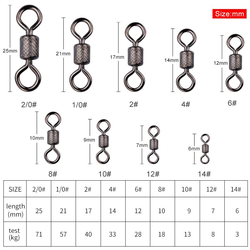 MEREDITH 50PCS/Lot Fishing Swivels Obratlík s kuličkovým ložiskem s bezpečnostní západkou Pevné kroužky Otočný obratlík pro příslušenství pro lov kaprů