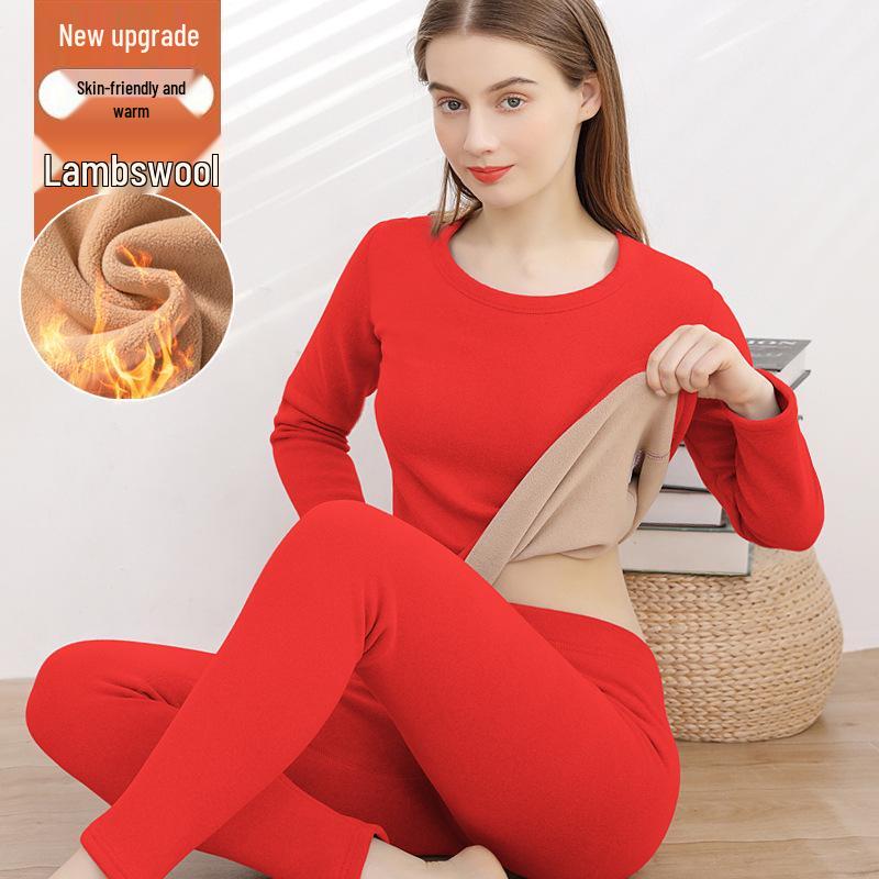Women's Autumn Lambswool & Fleece Thermal Set: 460g Brushed Velvet Top & Bottoms for Cold Weather