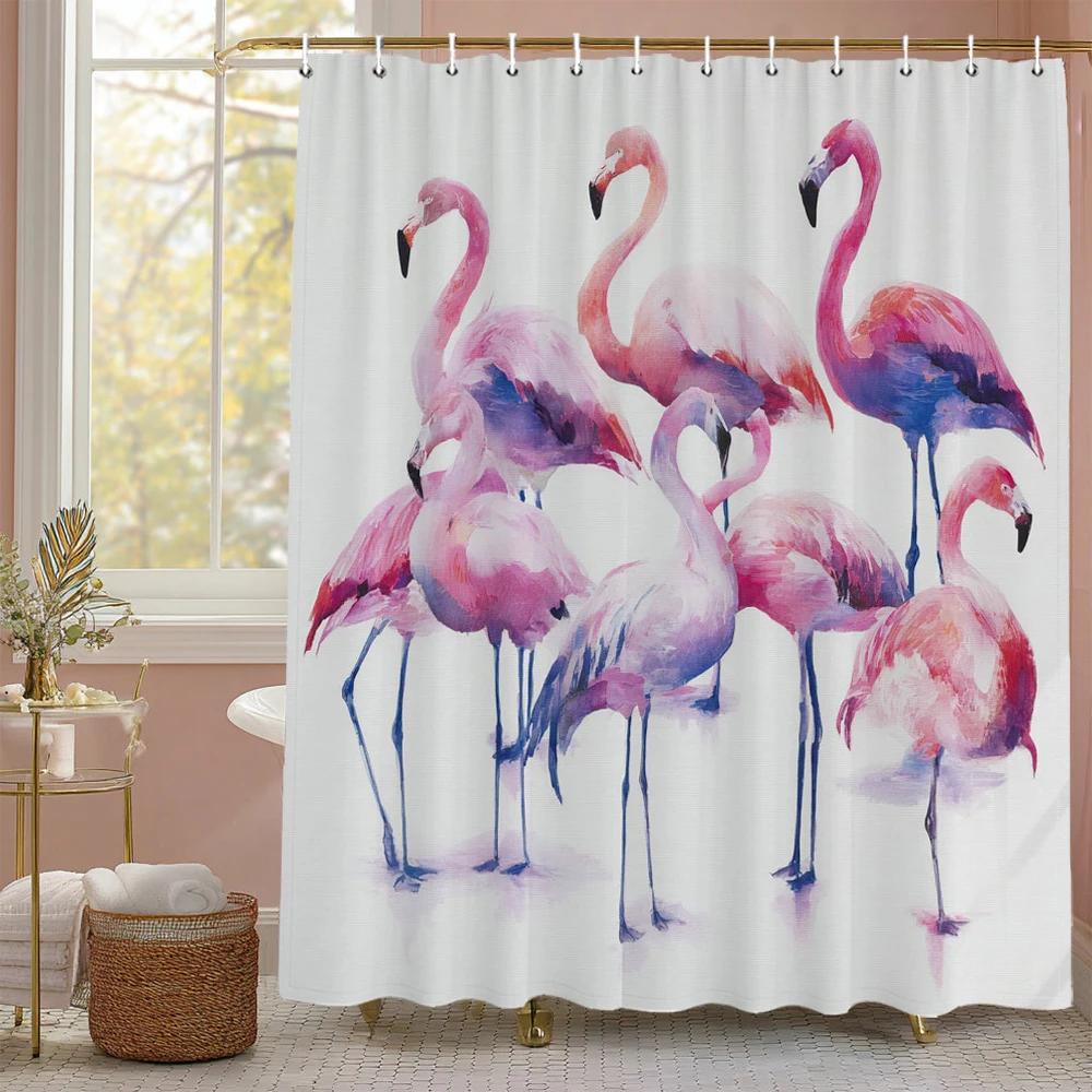 Flamingo Shower Curtain, Floral Botanical Tropical Plant Art Deco Bathroom Decorative Shower Curtain, Print Curtain with Hooks