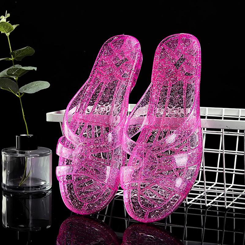 Women's Transparent Low Heel Crystal Slippers - Freeze Resistant, Korean Style for Indoor Summer Use