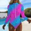 Women Long Sleeve One Piece Swimsuit Zip Front Gradient Starry Sky Print Rash Guard Surfing Bathing Suit