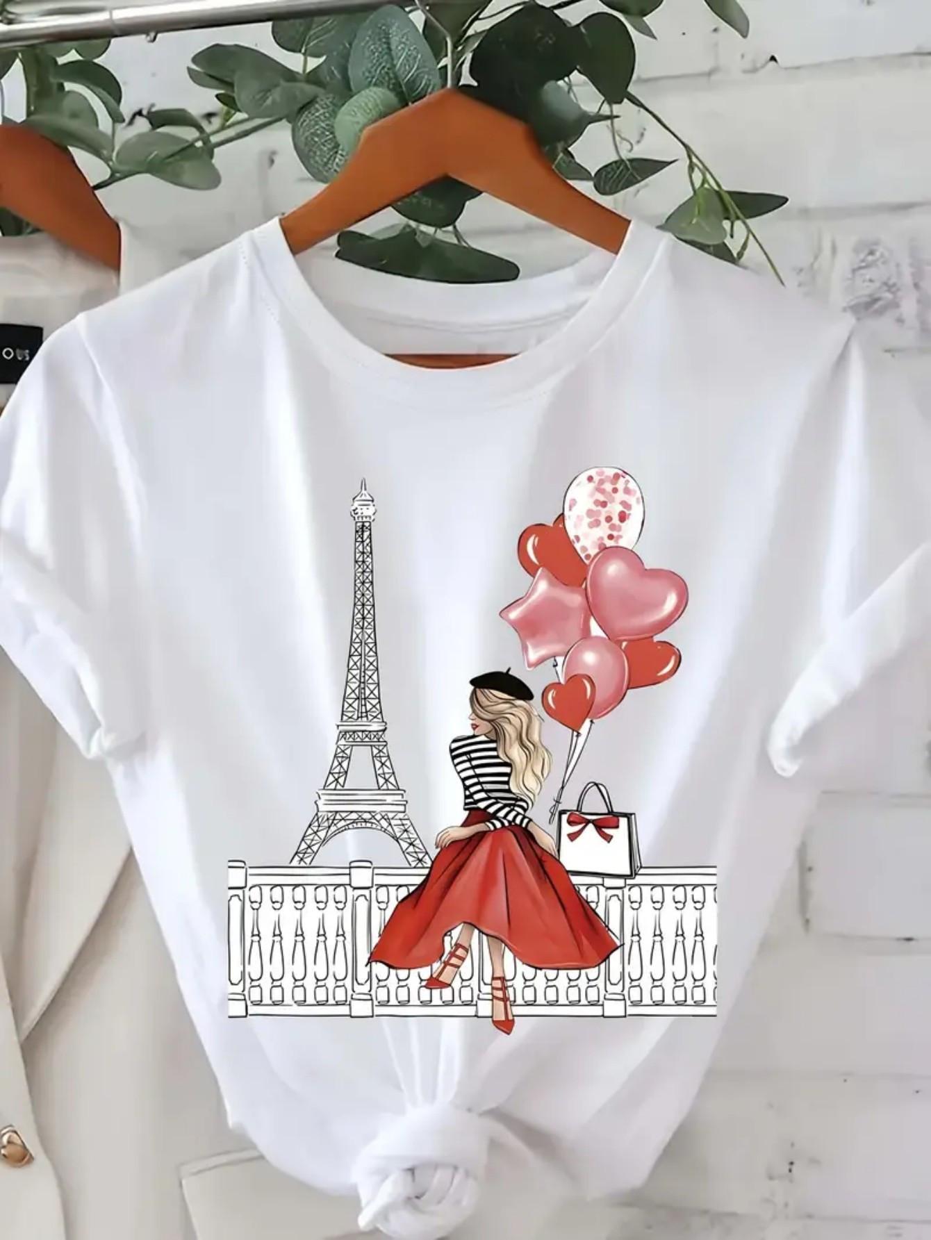 

Womens Parisian Graphic Print White Tee with Eiffel Tower for Casual Everyday Valentines Day Outfits Aesthetic Clothes L