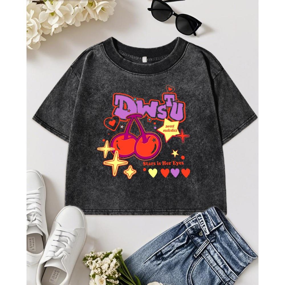 

Dwstu Сладкая вишня Фруктовая звезда Принт любви Выстиранная футболка Женская Хлопковая Удобная Футболка Уличная одежда Y2K Топ XL