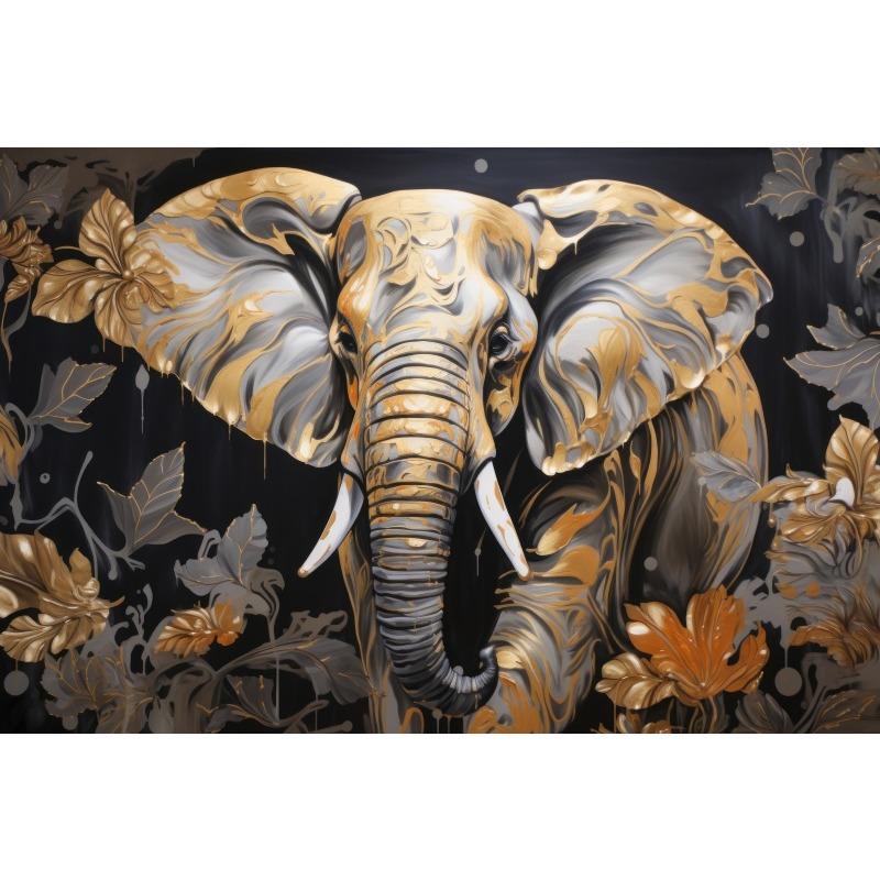 Abstract Olifant Canvas Schilderij Muurkunst Witte Bloemen Gouden Bladeren Gouden Textuur Posters en Prints voor Woonkamer Decor