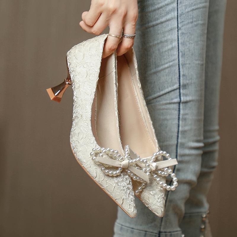 French White High Heels Women's Thin Heels 2025 New Temperament Pointed Shoes Pearl Bow Small Heels Women's Single Shoes