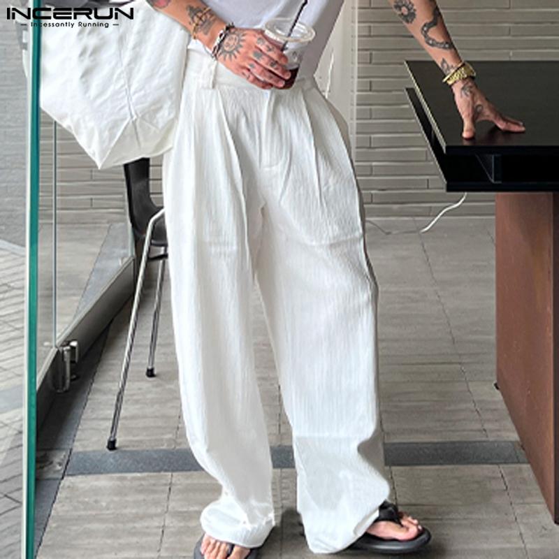 INCERUN Men Spring Zipper Up High Waist Texture Trousers Casual Button Straight Pants