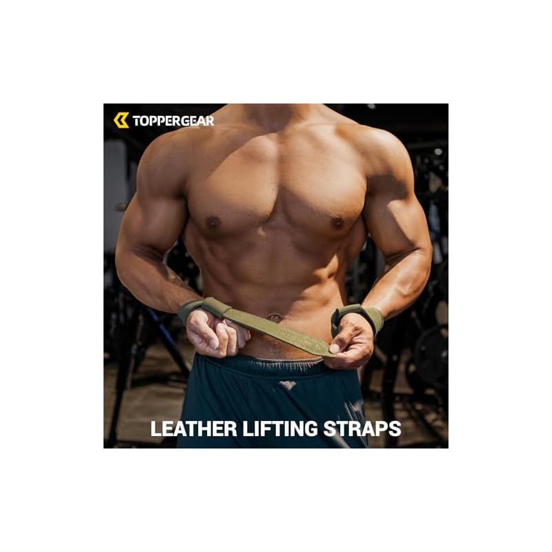 TOPPERGEAR Genuine Leather Wrist Strap with Enhanced Grip and Pads for Deadlifts and Pull-Ups (Green)