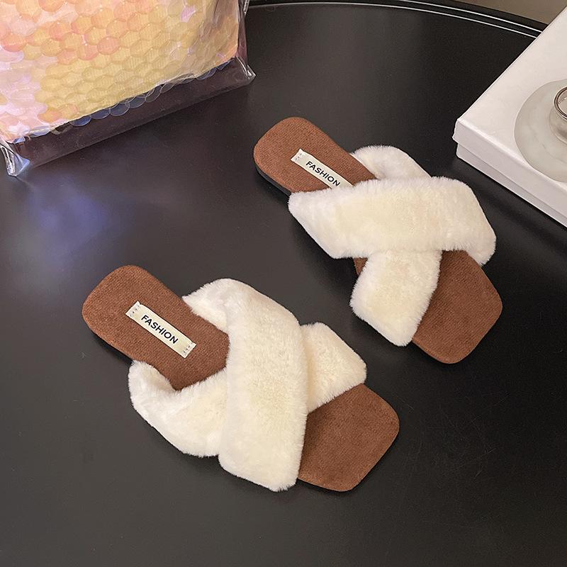 New Retro Cross-haired Outer Slippers Spring and Autumn Casual Versatile Gentle Leopard Print Flat-bottomed Hairy Slippers