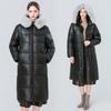 Commuting temperament glossy long cotton-padded clothes women's big fur collar hooded cotton-padded jacket, over the knee long horizontal grid pressin