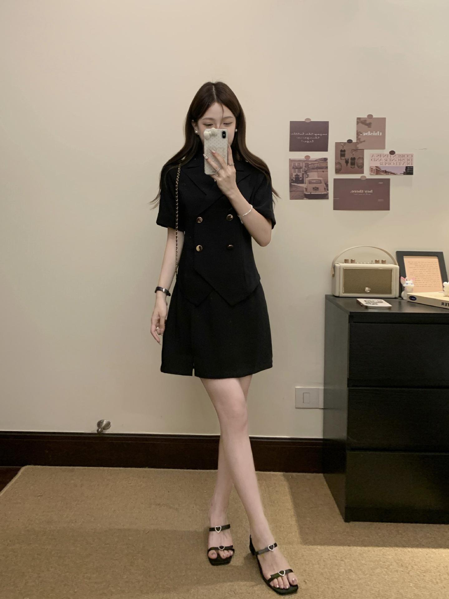Plus Size Elegant Summer Outfit: Black Slimming Two-Piece Dress Set XL