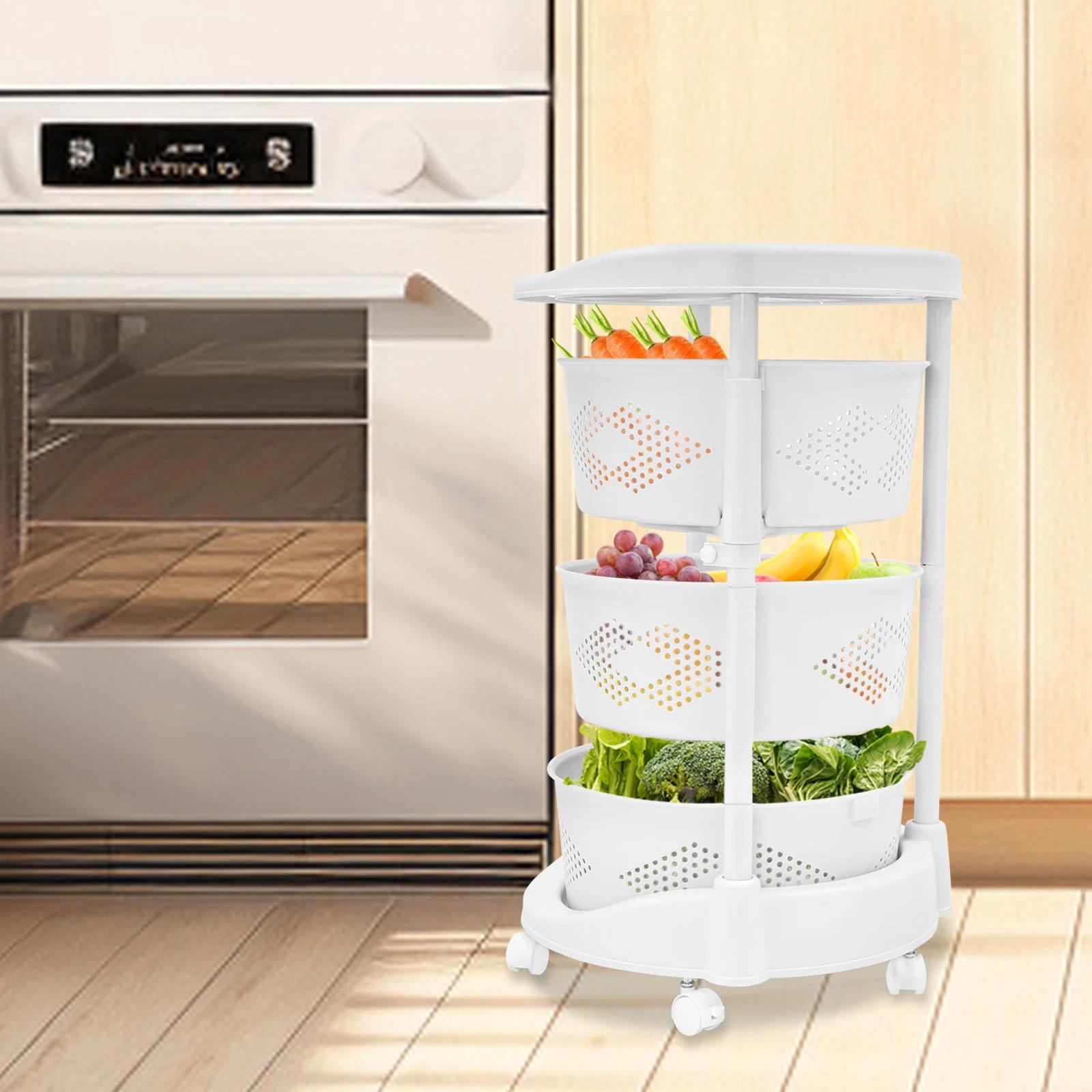 

Bymaocar 3-ярусная вращающаяся стойка для хранения, кухонная корзина для хранения овощей и фруктов на колесиках, отдельно стоящий PP органайзер для хранения L&3-tier белый