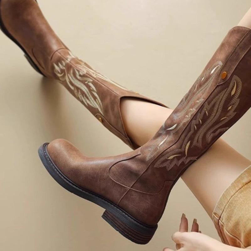 Fashion Plus Size New Women's Embroidered Western Knee High Boots Cowboy Cowgirl Boots Chunky Heels Platform Boots Women Western Shoes