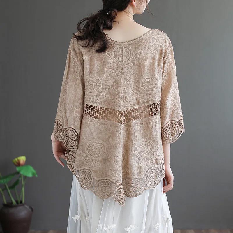 Shirt Tops Women Cotton Blouse Oversized Comfortable Embroidery Long Sleeve Hollow Shirt V-Neck Lace Shirt Tops