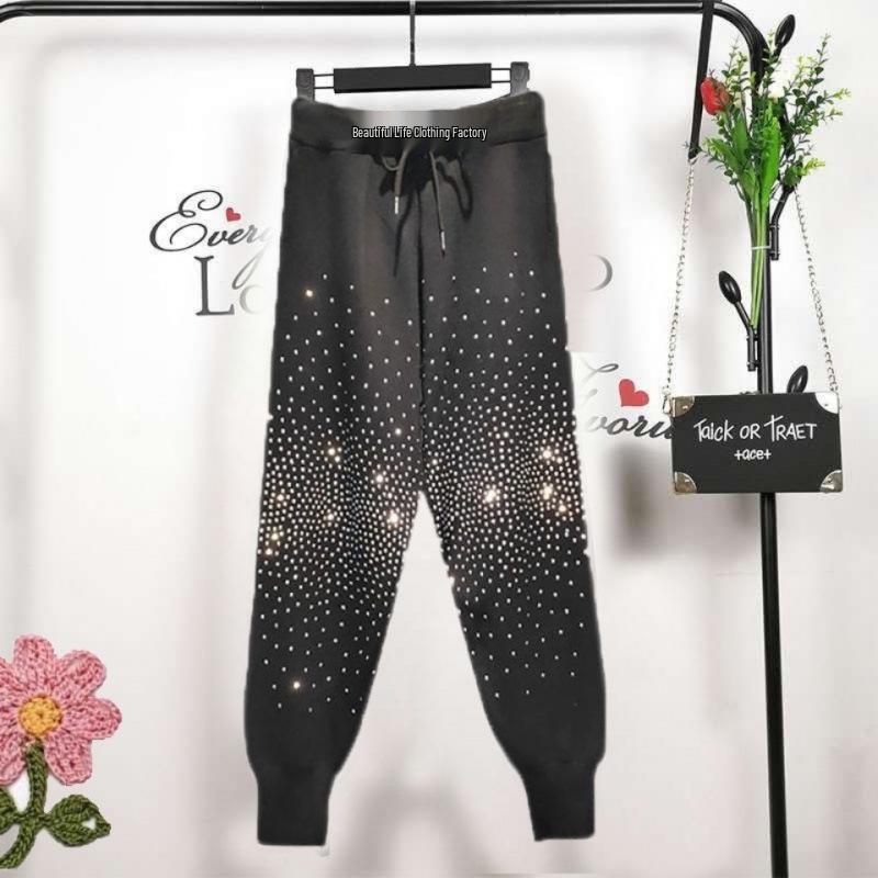 Plus Size Women's Stretchy Lace-up Knit Harem Pants - Slimming, Shiny Stamping, Casual Fit