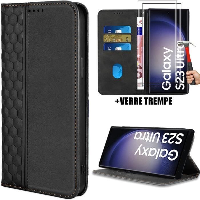 Coque - Booling - pour Samsung S23 Ultra - Cuir Synthétique Noir - Motif Mosaïque - Antichoc - 2 Verres Trempés