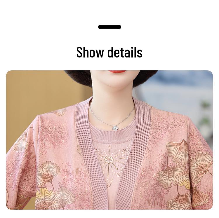 Mom's Spring Knitwear Two-Piece Set: Stylish Cardigan & Top for Middle-Aged & Elderly Women