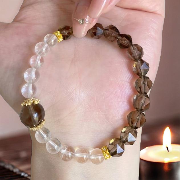 

Elegant Smoky Quartz and Clear Crystal Faceted Two-Tone Bracelet for Women