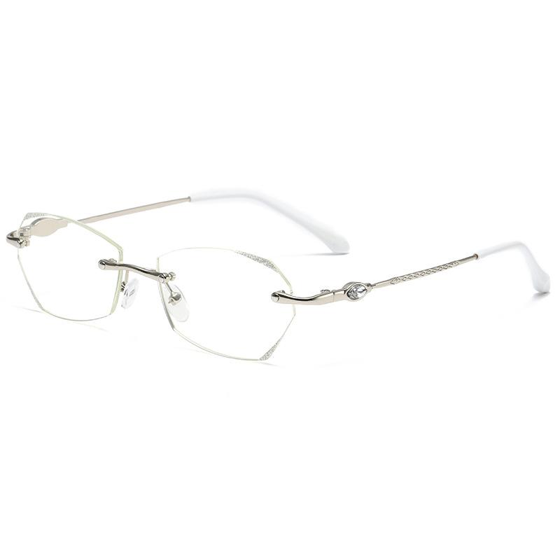 Anti Blue Light Reading Glasses For Women Frameless Silver Polygonal Presbyopia Glasses Computer Readers Elegant Metal Boundless