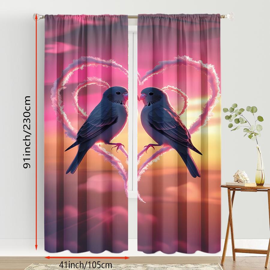 2PCS Pink Sunset Blue Sparrow Love Curtains   Sunset Romantic Valentine's Day Style   Bedroom Living Room   Pull up Pocket Style