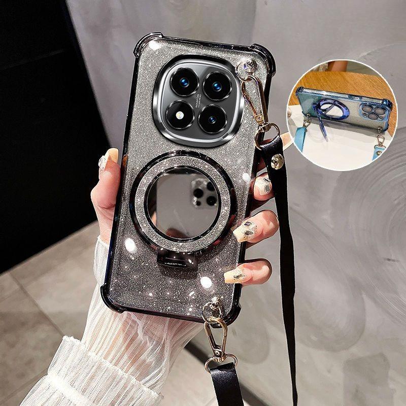 Pouzdro s crossbody šňůrkou, nárazuvzdorné, s třpytivým pokovením, zrcátkem a držákem pro Xiaomi Redmi 14C Note 14 15 Pro Plus 15 15C 14S 4G 5G