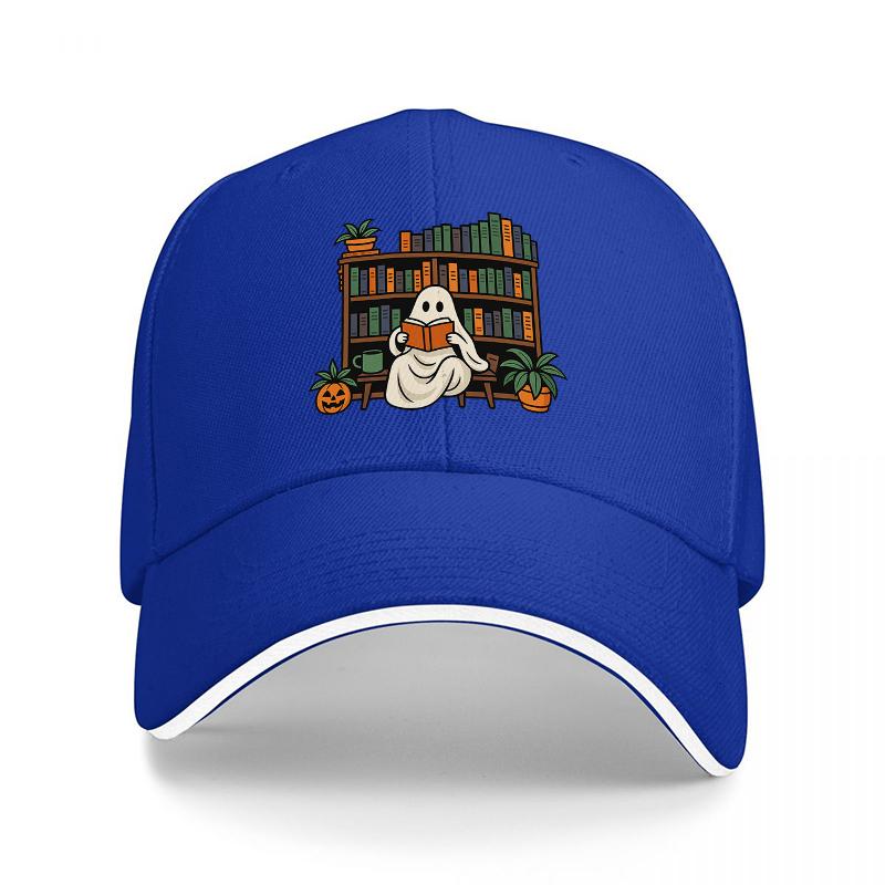 Ghost Reading In Library Bookshelf Halloween Theme Baseball Cap with Pumpkin and Plant Design Black Adjustable Hat for Adults