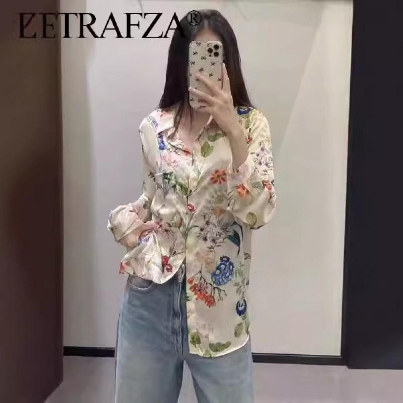 Womens Floral Print Long Sleeve Button-Up Shirt Loose Fit Casual Elegant Top