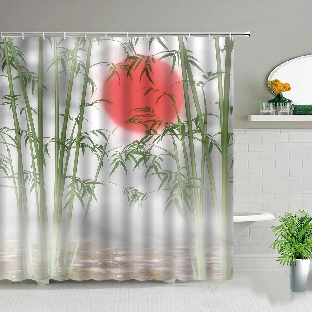 Chinese Style Green Bamboo Series Shower Curtain Set Waterproof Home Bathroom Decor Curtains With Hook Popular Bath Accessories