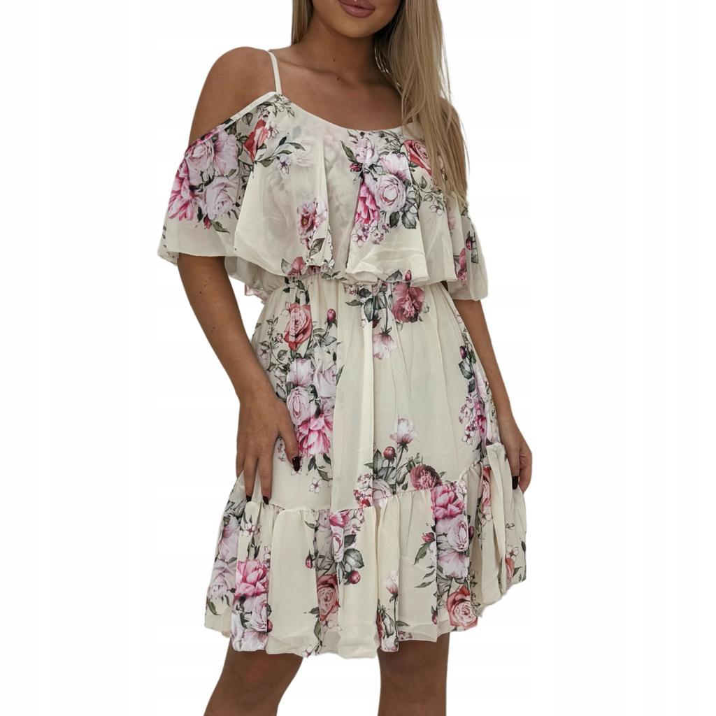 Women's Summer Spanish Dress with Ruffles In Flowers Beige Universal