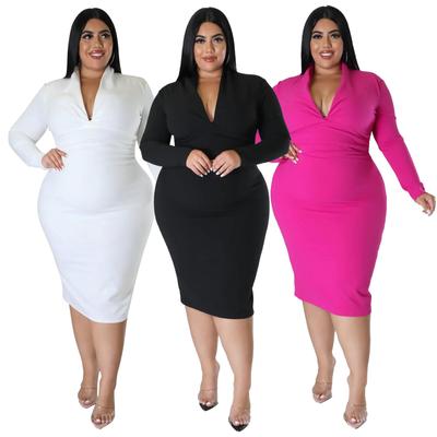 N7656 European & American Fashion Casual Long Sleeve Zipper V-Neck Solid Color Dress