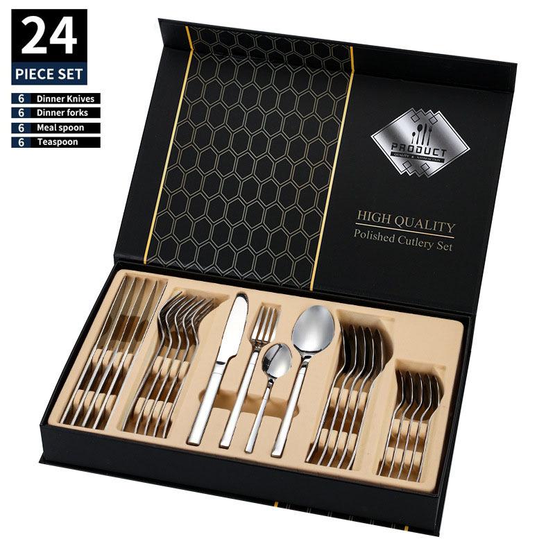 Stainless steel tableware, Knight series set, 24 piece Western style steak knife, fork, spoon set, gift box light luxury