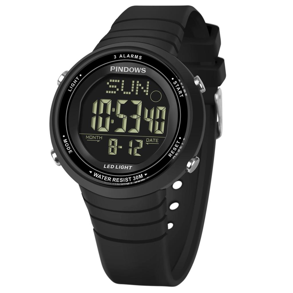 PINDOWS Women's Digital Sports Watch, 30m Waterproof, LED Backlight, 3 Alarms, Stopwatch, Countdown Timer, and Calendar for an Active Lifestyle