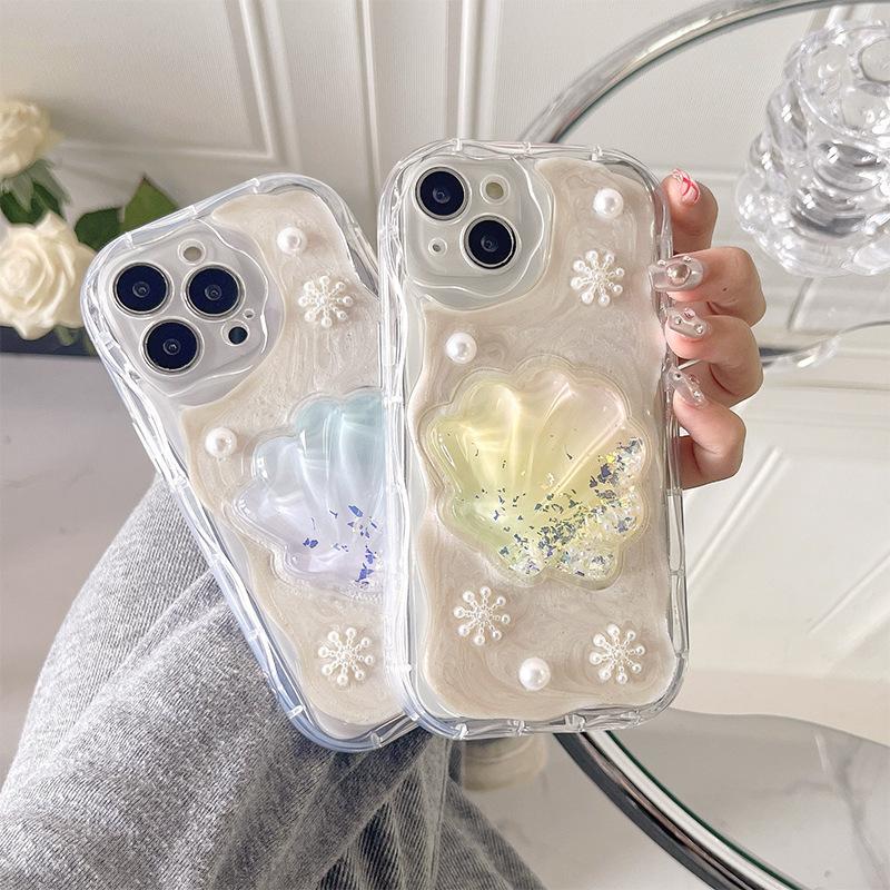 Custodia Glitterata a Forma di Conchiglia Fluida per Cellulare per IPhone17Promax Perla per Apple 15 Fiocco di Neve Stile Ins 13 Morbida