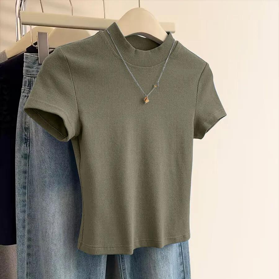 Half-High Collar Short Sleeve T-Shirt Women's New Summer Solid Color Slimming Right Shoulder Top