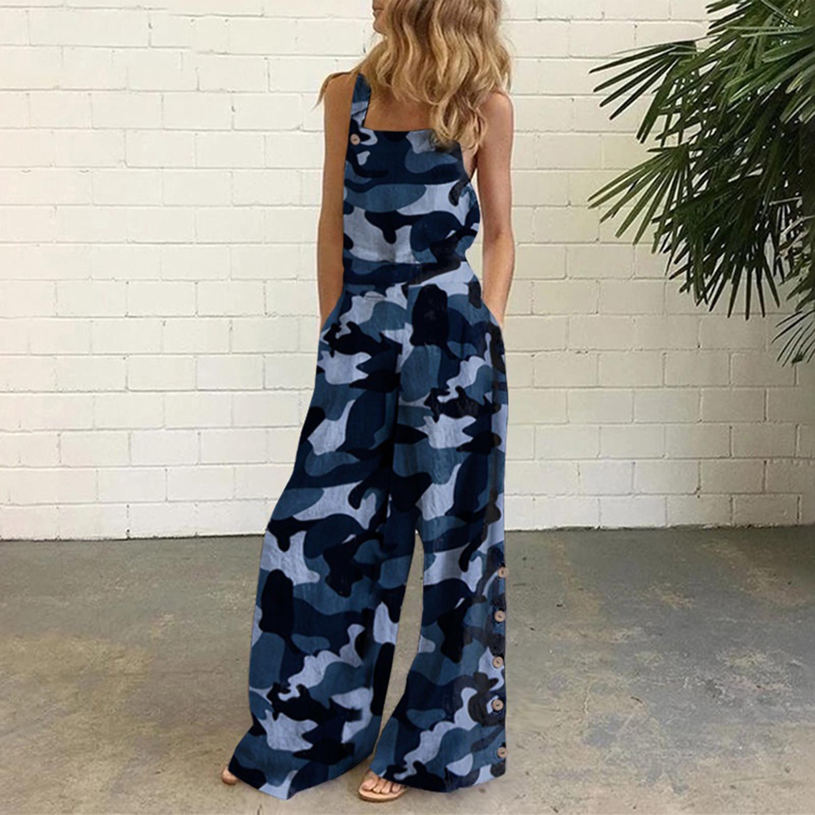 

Женский комбинезон без рукавов, повседневный комбинезон с принтом, летние широкие брюки-комбинезон S синий