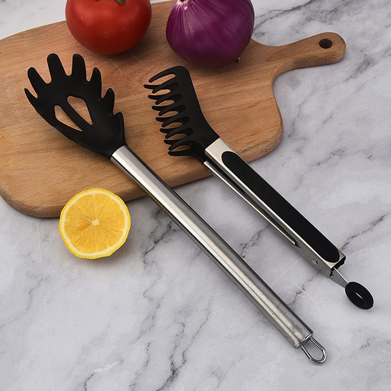 Silicone Stainless Steel Non-Scalded Grill Clip And Pasta Spoon Set, Sturdy Toothed Pasta Fork, Spaghetti Spoon And Food Clip