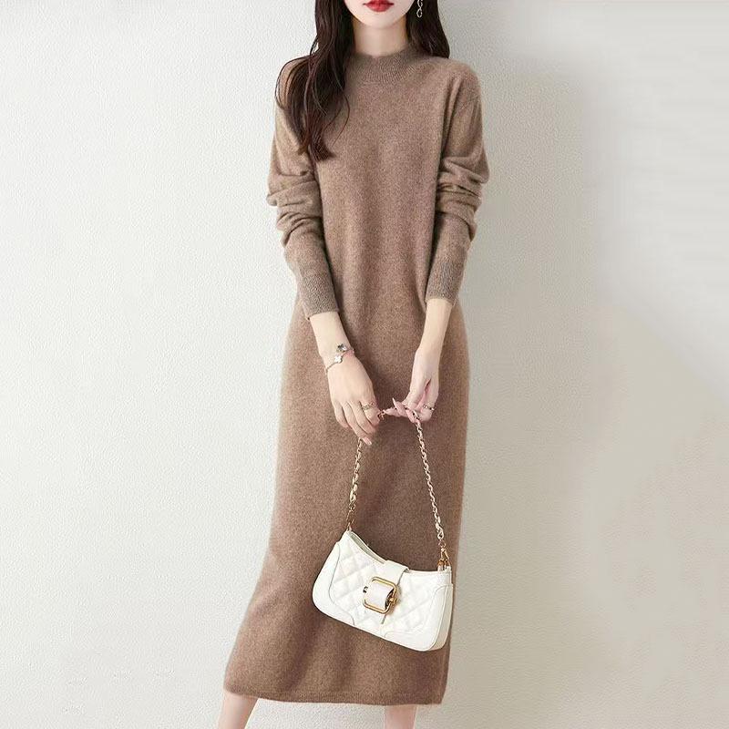Women's Wool Knit Sweater Dress - Half High Neck, Over Knee, Loose Mid-Length Pullover for Autumn/Winter