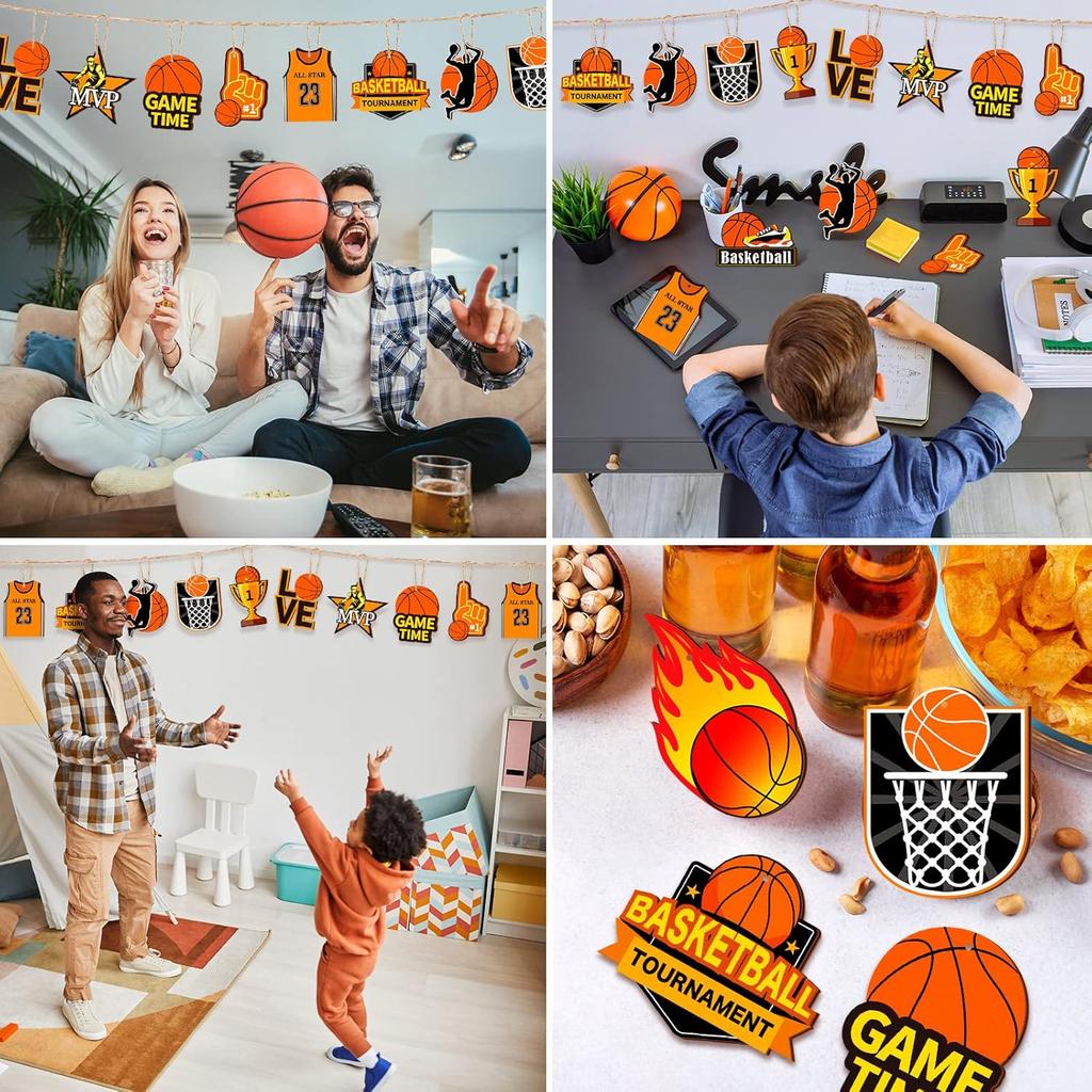 24 Pcs Basketball Wooden Ornament Basketball Cutout Wood DIY Crafts Wooden Hanging Ornaments with Twines for Party Decoration