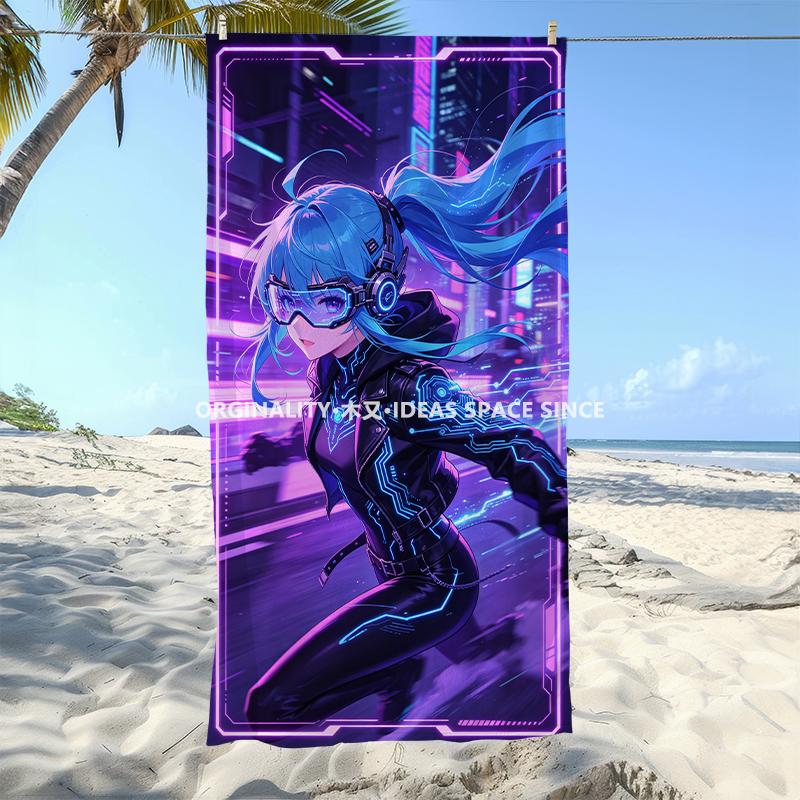 Cyber Anime Girl Beach Towel Patterned Sunscreen And Windproof Suitable For Swimming Pool Camping Travel Blanket