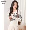 Women's French Stripe Wool Blend V-Neck Knit Sweater