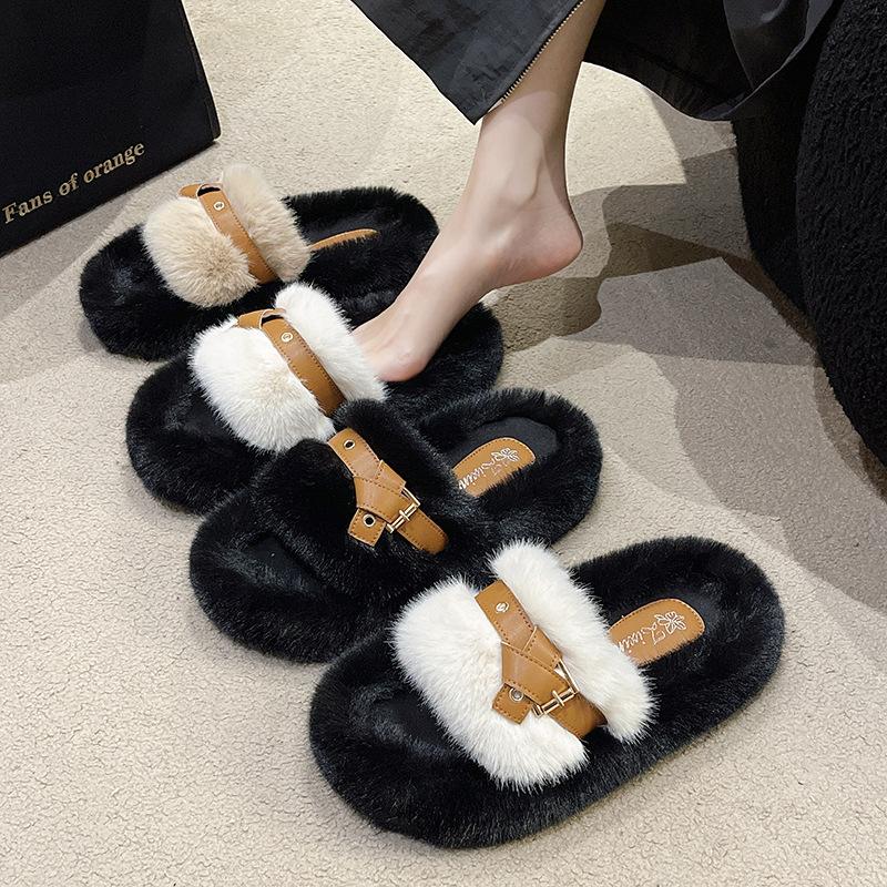 New women's fluffy slippers autumn and winter outer wear fashion casual shoes drag platform versatile women's shoes trendy outer wear girls
