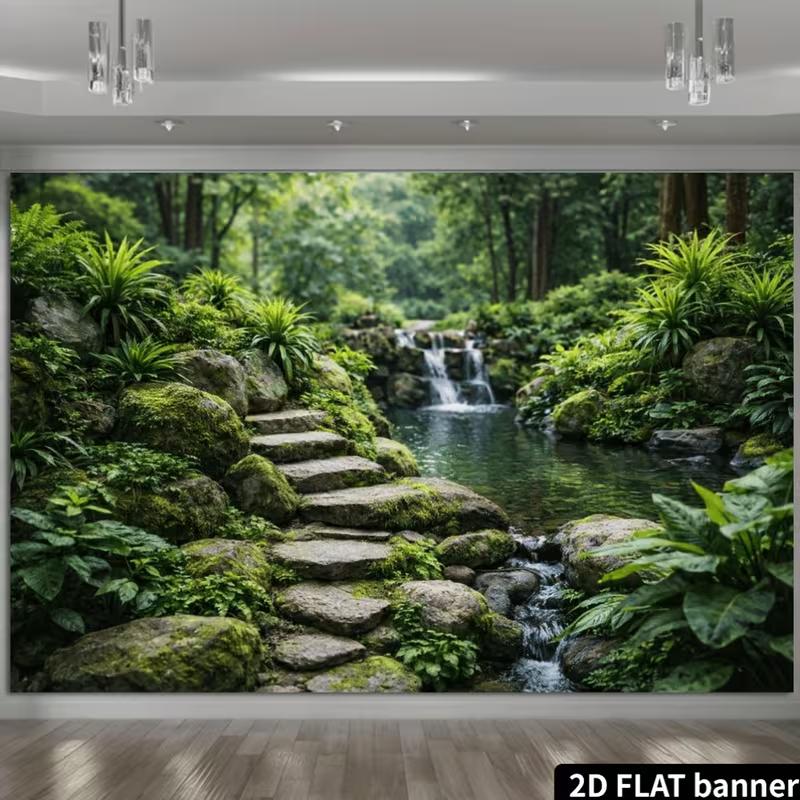 2D Japanese Garden Banner, Stone Steps & Waterfall Backdrop for Decor & Studio