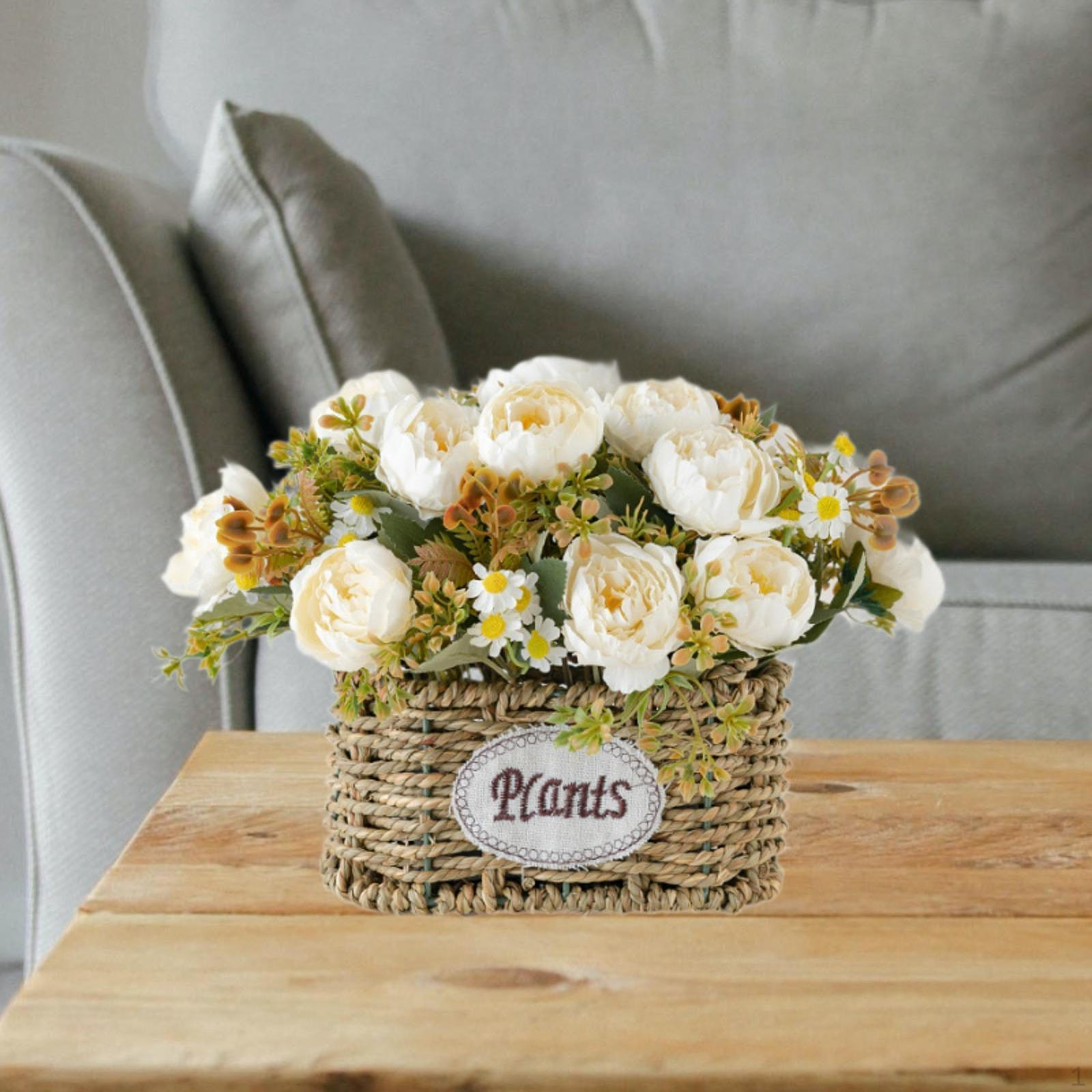 

Artificial Flowers with Basket Centerpiece Desktop Decoration Ornament for Wedding білий