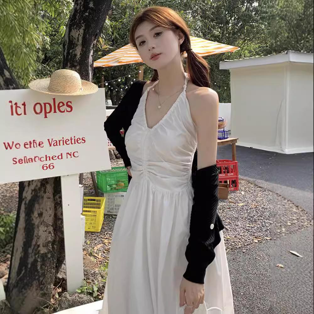 French White Neck Suspender Dress Female Summer Thailand Fairy Mori Backless Seaside Holiday Fluffy Dress