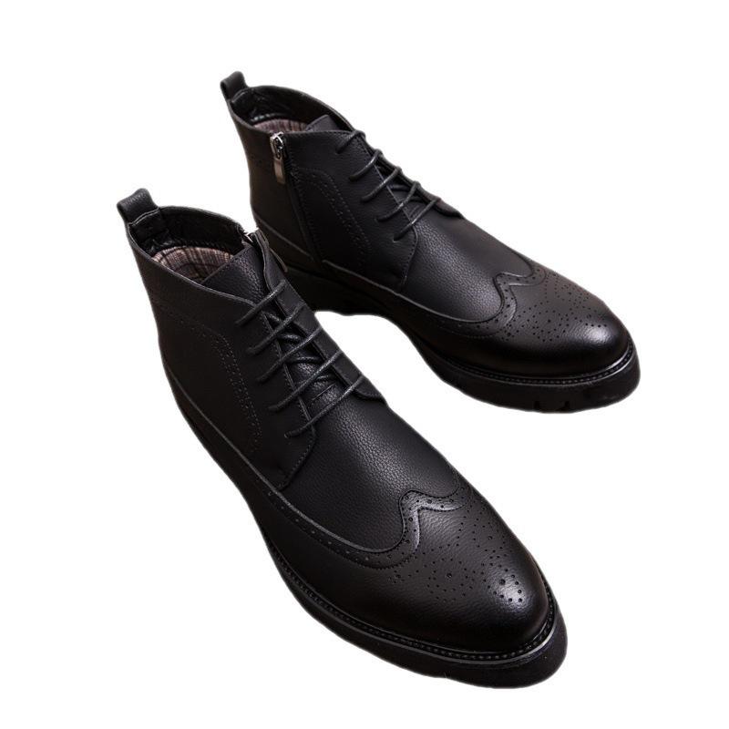Men's British High-Top Brogue Leather Boots: Trendy, Versatile, and Height-Increasing for Business Casual